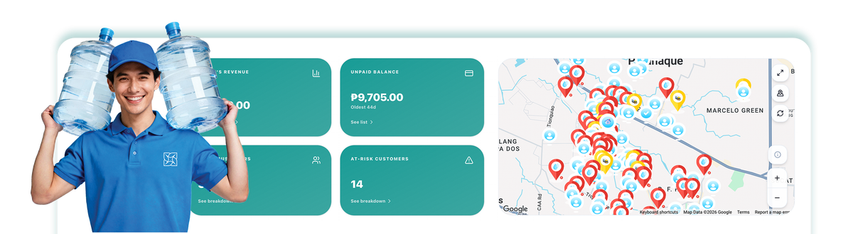 Smart Refill dashboard with revenue, customers, and live delivery map