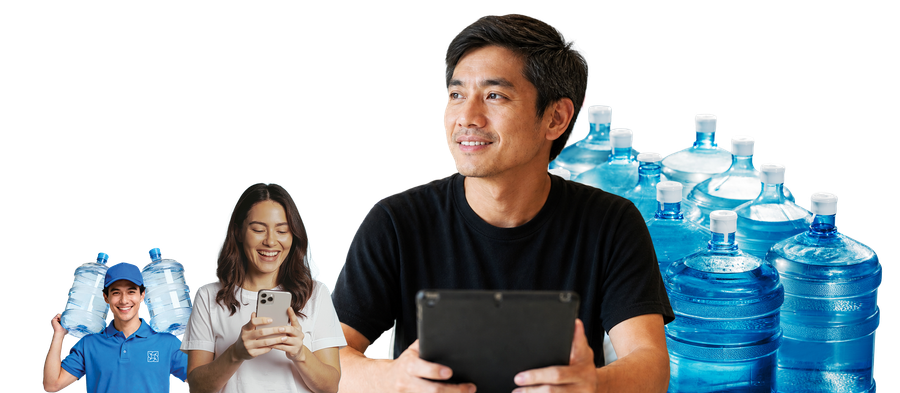 Water station owner, customer, and rider using Smart Refill together